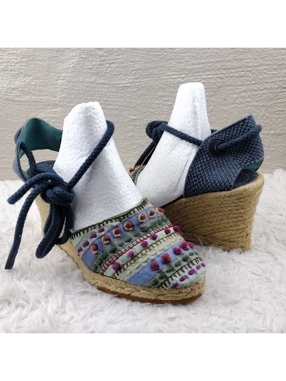 Apepazza Blue Fabric Upper Closed Toe Lace Up Gladiator Wedged Heel Espadrilles